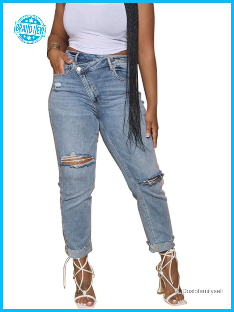 Distressed Stretchy Boyfriend Jeans With Folded Hem